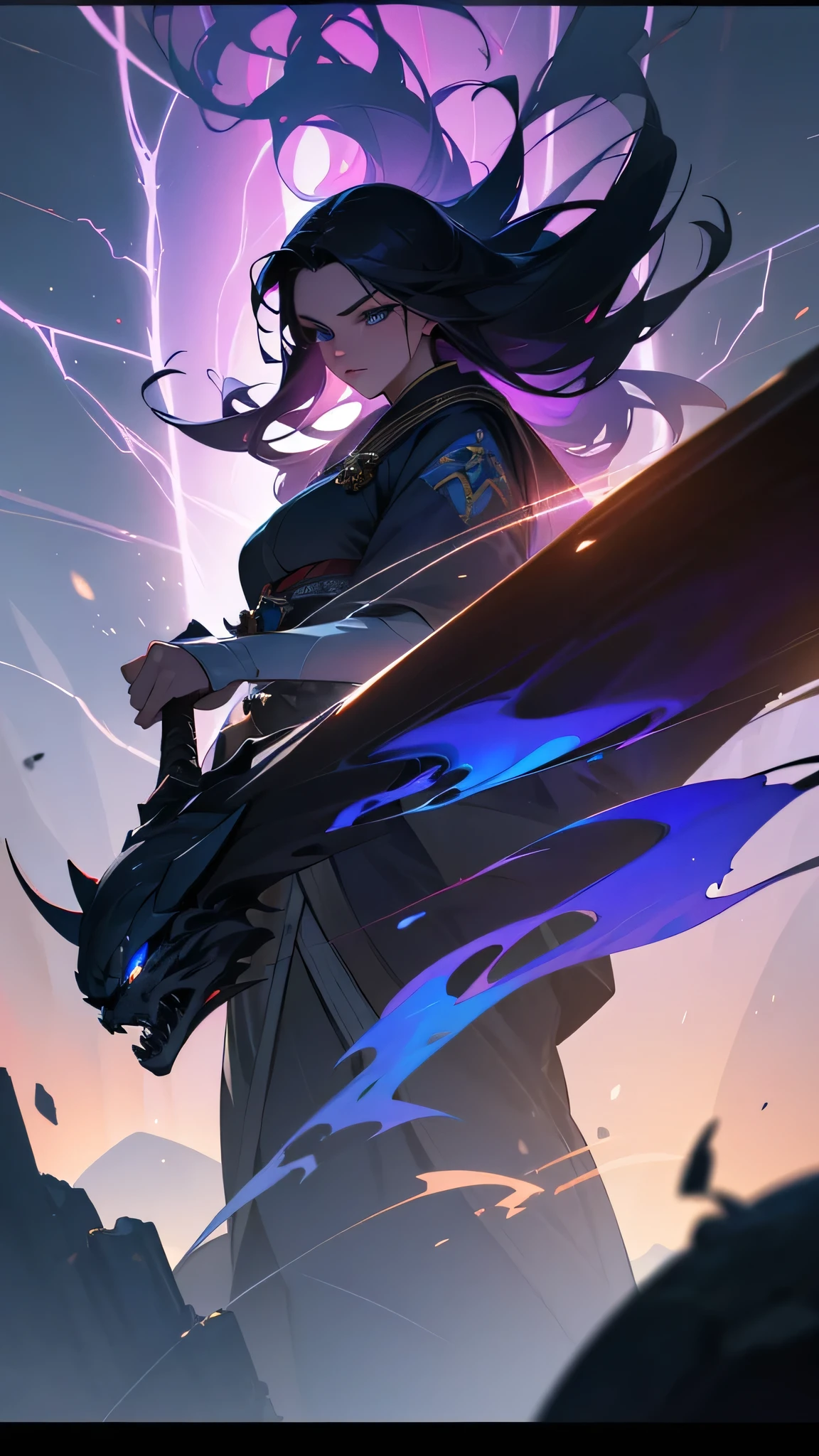 a beautiful young woman, 18 years old, long dark hair, striking bright blue eyes, serious expression, wearing traditional japanese clothing, manipulating purple lightning bolts, summoning thunderstorms, wielding powerful magic, dramatic lighting, dark atmosphere, (best quality,4k,8k,highres,masterpiece:1.2),ultra-detailed,(realistic,photorealistic,photo-realistic:1.37),HDR,UHD,studio lighting,ultra-fine painting,sharp focus,physically-based rendering,extreme detail description,professional,vivid colors,bokeh,dark fantasy,concept art