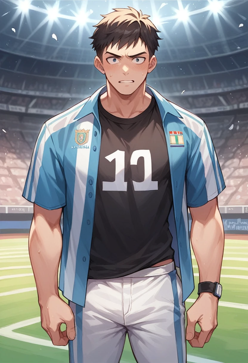 Boy in anime with the black shirt of the Colombia team with the number 10 on the back and the name Diego above the number , in a stadium watching a Colombia vs Argentina match 