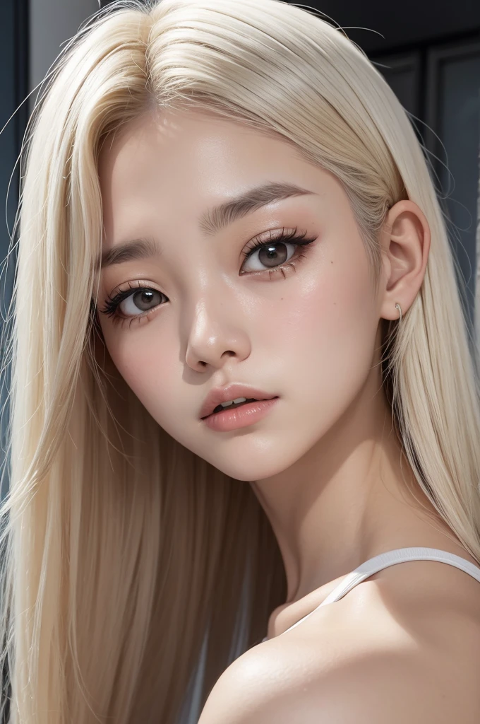 garota jovem, korean, shorth hair, platinum blonde, slightly alert expression, fundo png