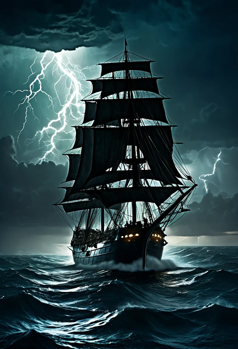 A ship on the high seas, sailing on a dark night with a storm with lightning and thunder and in the background the silhouette of the Cthulhu monster is reflected