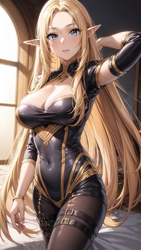 (Upper Body:1.3),(masterpiece:1.4),Medium Shot,anime,masterpiece,gravure, 8K,Realistic, Beautiful woman,An elegant and mature elven woman, Elf Ears,blue eyes, Place your arms behind your head,(美的animeの目:1.4),Large Breasts,blonde, Black bodysuit, smile,Beautiful breasts,(8K resolution:1.4), High quality CG, Beautiful CG, Soft Light,View your viewers,(24-years-old),