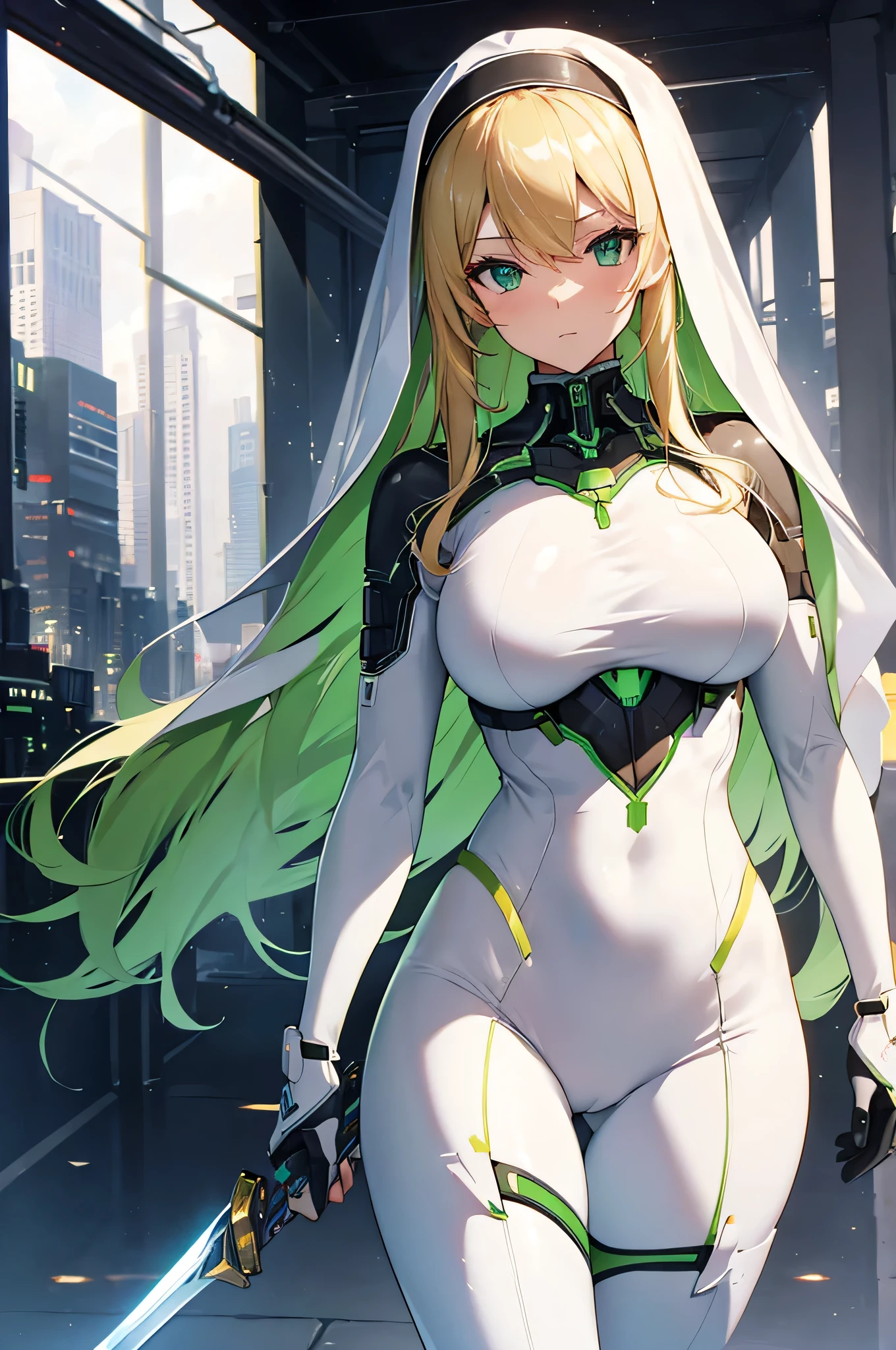 4K,High resolution,One Woman,Blonde,long hair,Green Eyes,,Nuns,A tight-fitting white cyber suit,White Veil,Holy Long Sword,City of the Future,Daytime Sky