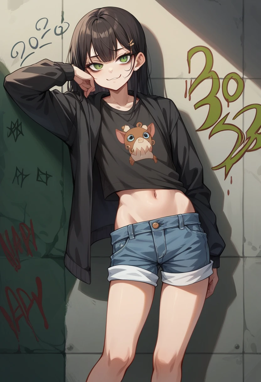 Mulher new de 18 anos (baby face) slender figure、(new), (Looks like a 12 year old woman), (Shorts aberto)、top model, (flat chest)、Posed and photographed、pose legal、graffiti art background、Provocative、raunchy、brat