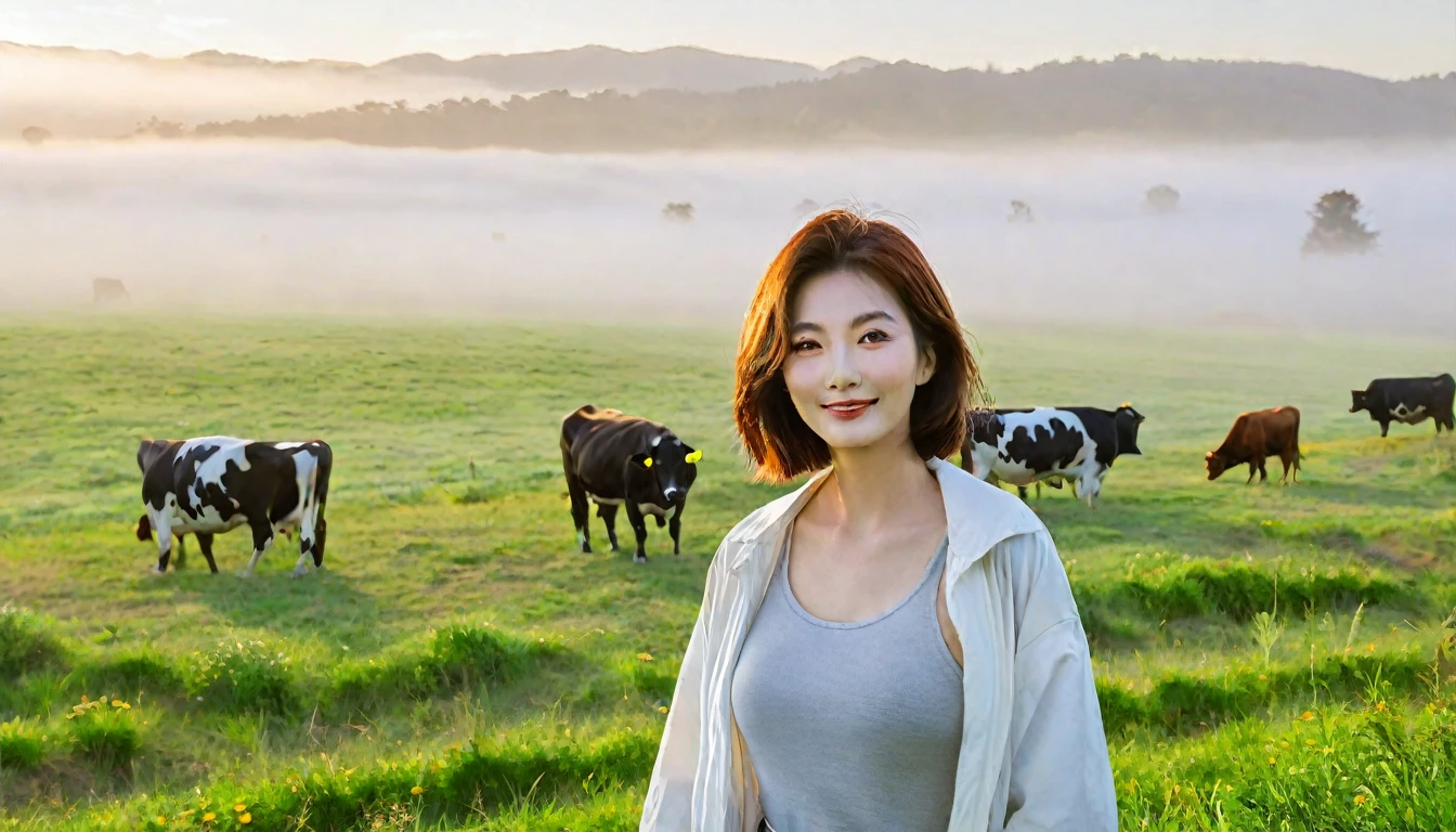 beautiful scenery, 8K Top Quality, Vivid picture quality, 1 woman, Beautiful 46-year-old Korean woman, Chest size 34 inches, Model-level beautiful woman, Smile. Napa Valley, California, USA, dawn, A wide meadow with no end in the distant fog, Cows graze on a pasture in thick fog. The background is realistic and vivid quality.., short medium bob hair, White t-shirt that goes up to the neck , light trench coat, casual pants, Perfect and realistic photos, The background is realistic.. Full body shot with Canon camera 16-35 wide angle lens