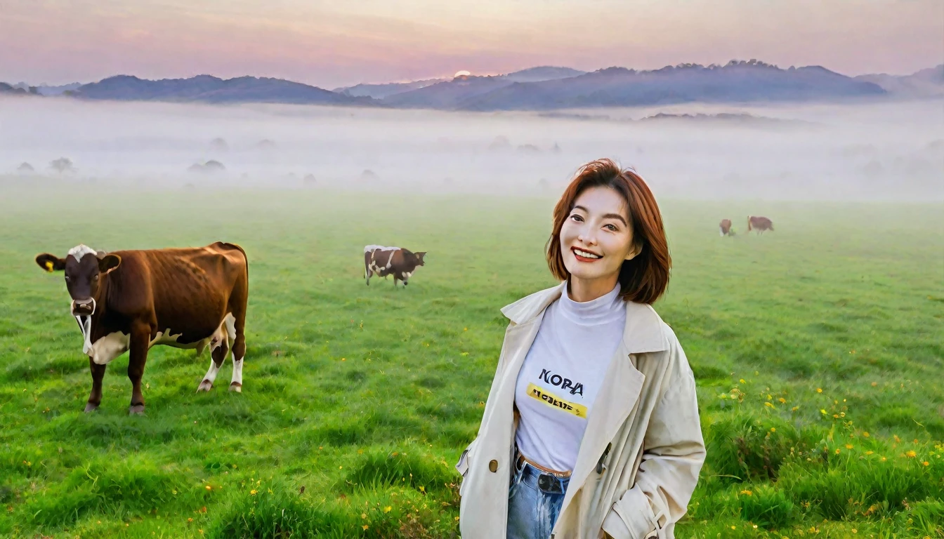 beautiful scenery, 8K Top Quality, Vivid picture quality, 1 woman, Beautiful 46-year-old Korean woman, Chest size 34 inches, Model-level beautiful woman, Smile. Napa Valley, California, USA, dawn, A wide meadow with no end in the distant fog, Cows graze on a pasture in thick fog. The background is realistic and vivid quality.., short medium bob hair, White t-shirt that goes up to the neck , light trench coat, casual pants, Perfect and realistic photos, The background is realistic.. Full body shot with Canon camera 16-35 wide angle lens