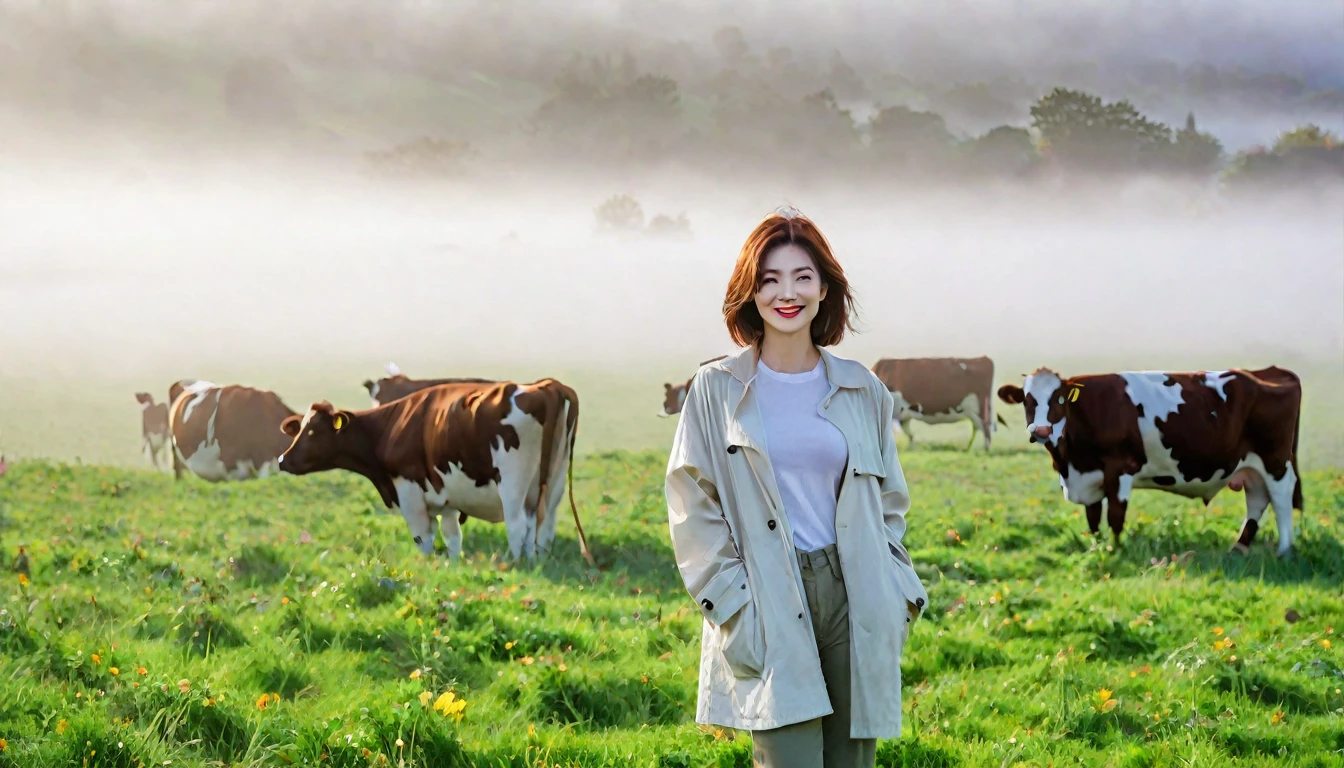 beautiful scenery, 8K Top Quality, Vivid picture quality, 1 woman, Beautiful 46-year-old Korean woman, Chest size 34 inches, Model-level beautiful woman, Smile. Napa Valley, California, USA, dawn, A wide meadow with no end in the distant fog, Cows graze on a pasture in thick fog. The background is realistic and vivid quality.., short medium bob hair, White t-shirt that goes up to the neck , light trench coat, casual pants, Perfect and realistic photos, The background is realistic.. Full body shot with Canon camera 16-35 wide angle lens