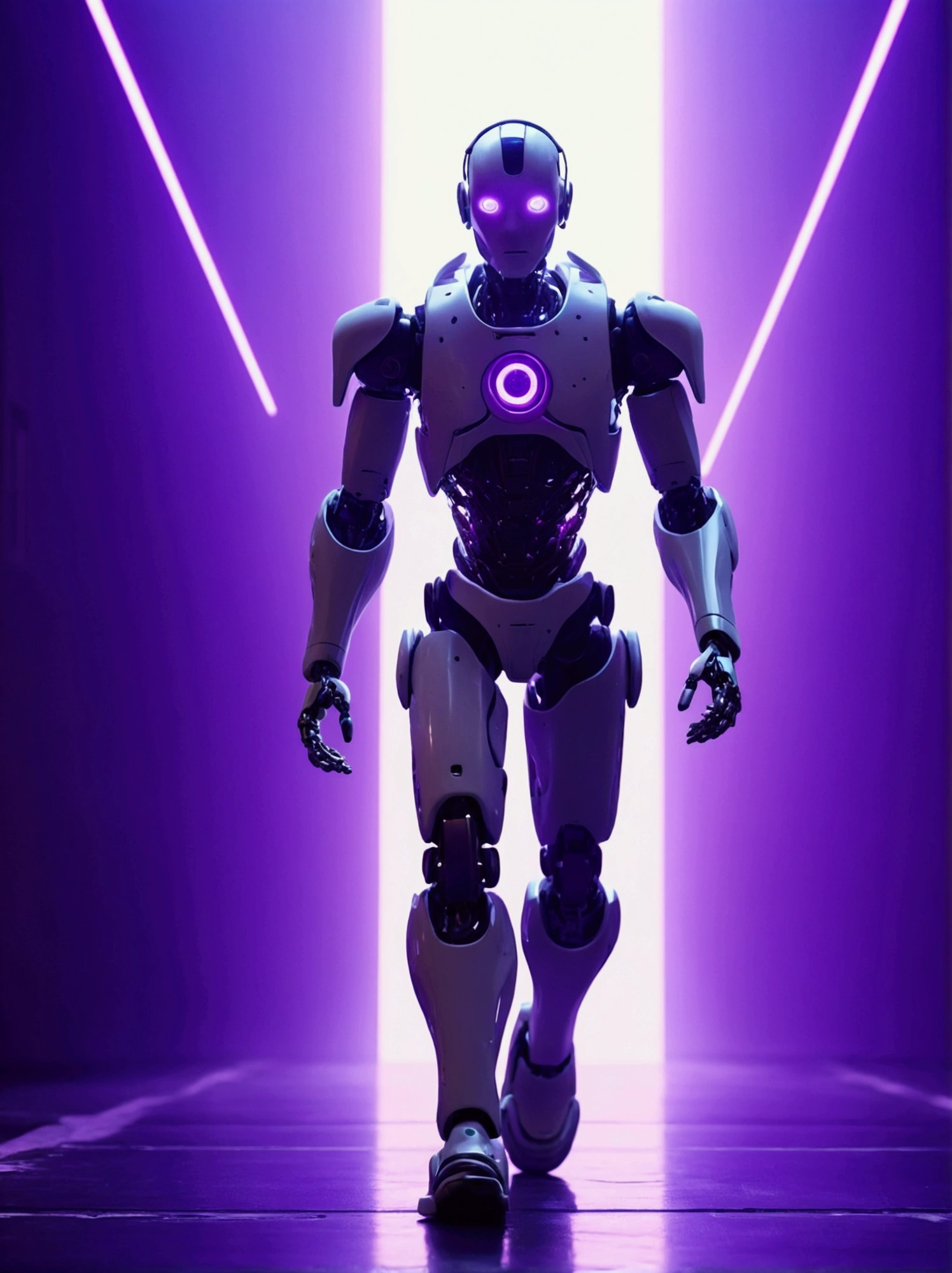 A robotic man walking forward quickly, rays of purple light, visual effects around, perfect quality, cyberpunk style