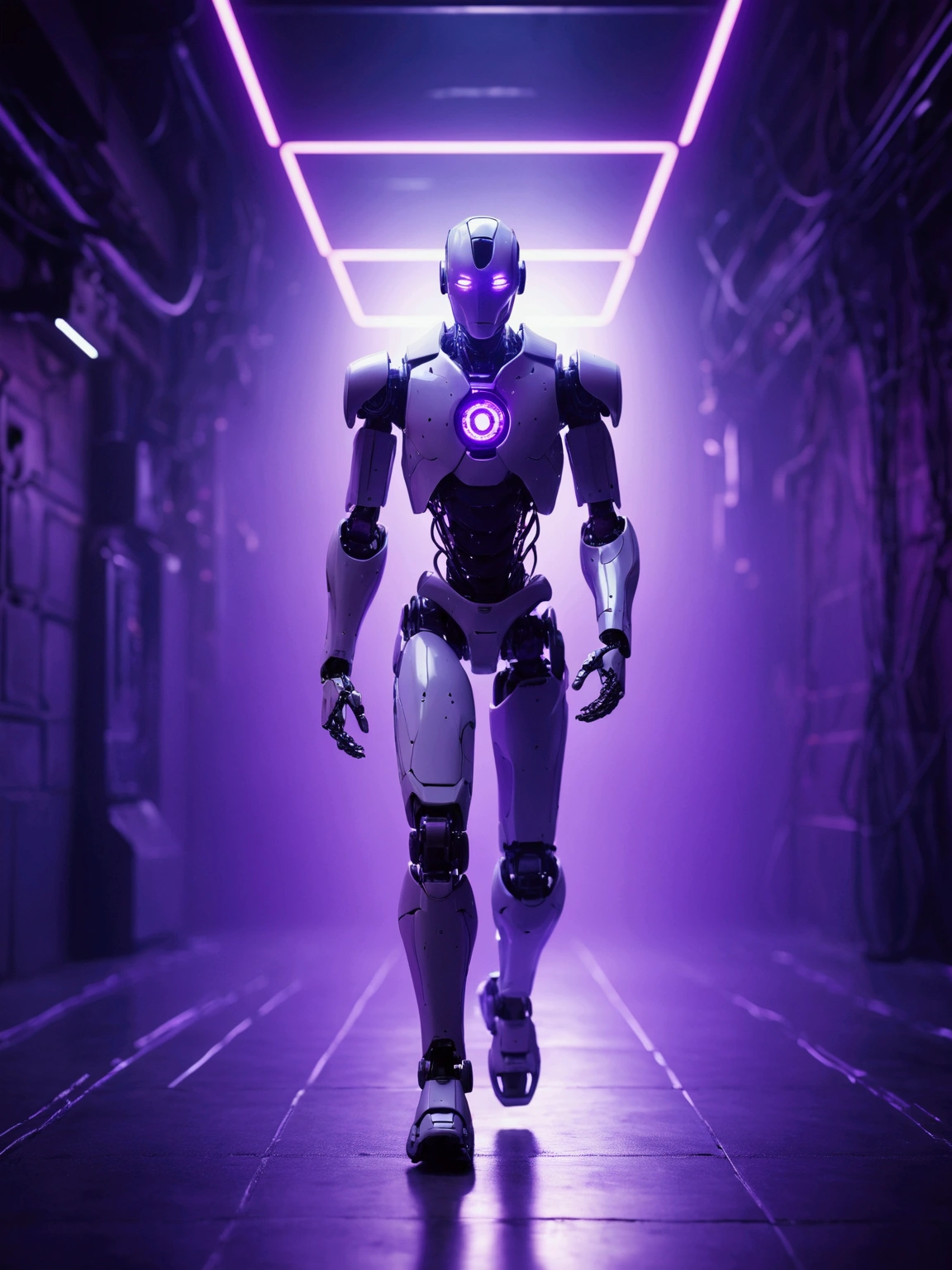 A robotic man walking forward quickly, rays of purple light, visual effects around, perfect quality, cyberpunk style
