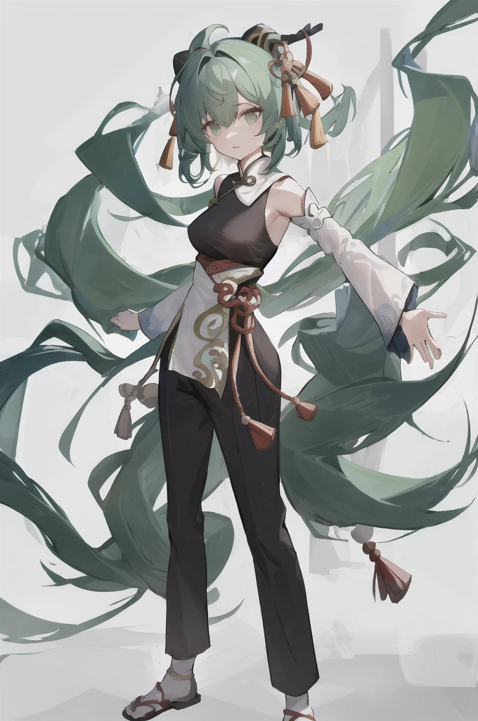 (Artwork, Highest quality, Facial details, Very redundant, Advanced Details, Highest quality, High resolution, 8K) frontを向いている、Green Hair、Her hair is short、small breast、upright stance、full body、Fighter、Uniform、Chinese Knight、Chinese style、White background、Simple Background、 exposure、China dress、pants、band、front、White clothes、Kung Fu、slender
