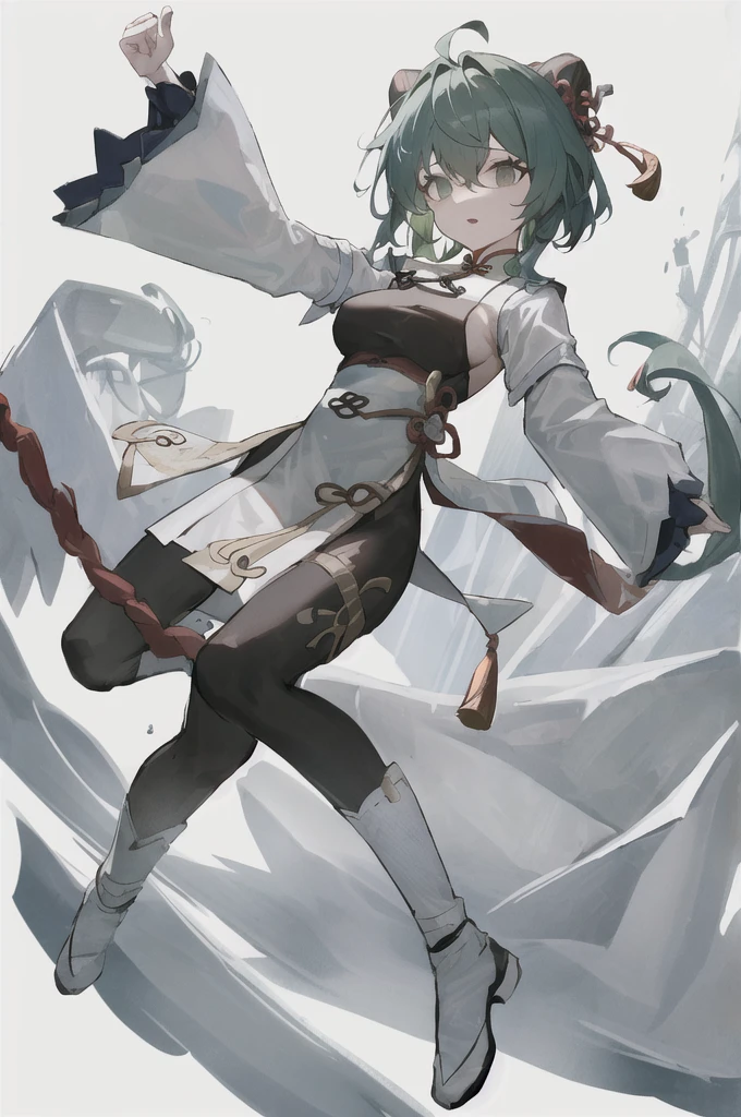 (Artwork, Highest quality, Facial details, Very redundant, Advanced Details, Highest quality, High resolution, 8K) frontを向いている、Green Hair、Her hair is short、small breast、upright stance、full body、Fighter、Uniform、Chinese Knight、Chinese style、White background、Simple Background、 exposure、China dress、pants、band、front、White clothes、Kung Fu、slender