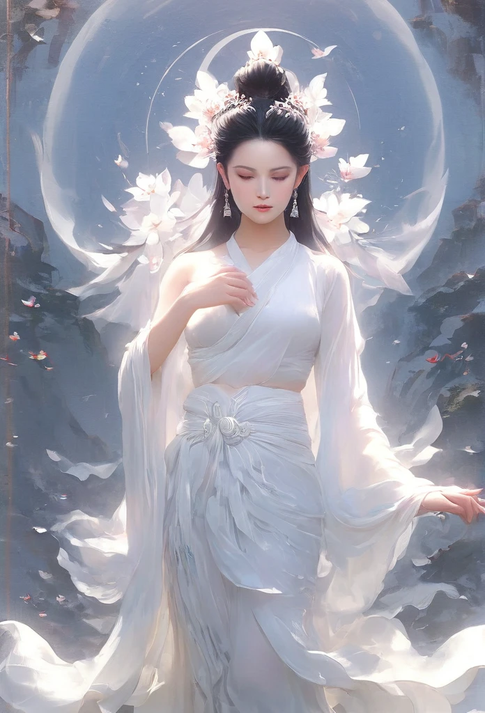 Beauty，Black hair，Black eyes，white gauze skirt，front，symmetry，Hands together，Bodhisattva shape，Clean background，masterpiece,