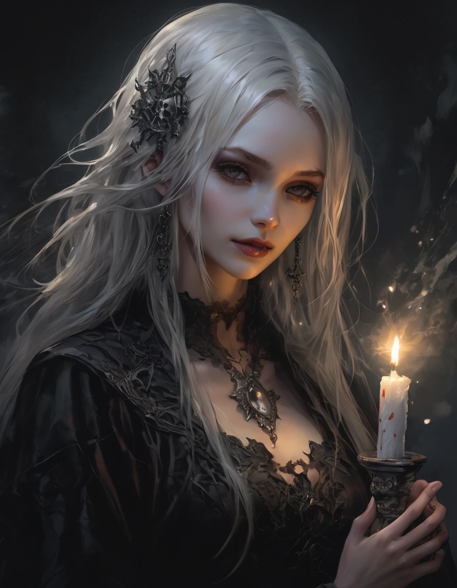 (masterpiece,Highest quality), solo,A white-haired woman is holding a candle,Anime Skull Woman Portrait,Beautiful Necromancer girl,Beautiful girl necromancer,,Smokey, Flowing white hair,Critical Eyes,Pale skin,Black eyeshadow,Black blood and tears,Two fangs exposed,Gothic Girl Anime Characters,Beautiful Necromancer,gothic fantasy art,Dark fantasy art, White-haired God,Retrato de um Female Necromancer,Female Necromancer,Goddess of Death,Dark atmosphere lighting,The light shines,Mysteriouagic,Edge Light, (Blood splatter:1.5)