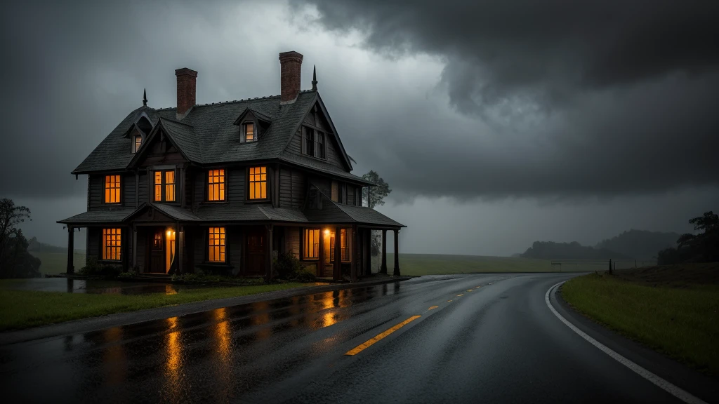 Macabre house on a road on a gloomy rainy night