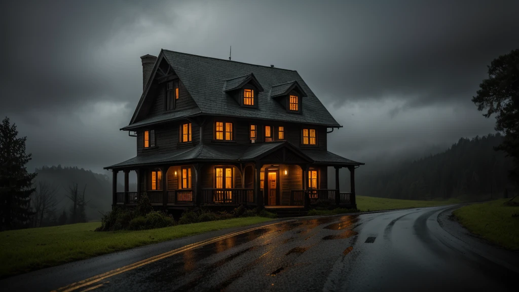 Macabre house on a road on a gloomy rainy night