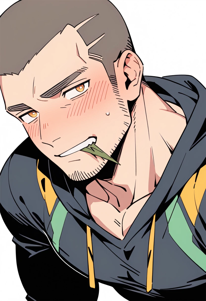anime characters:Priapus, Muscle Sports Student, Buzz Cut, Manliness, male focus, Sports tight hooded sweatshirt, Very tight, full and perky chest muscles, muscular male, muscular, only, Upper body, alone, Black short hair, Thick eyebrows, stubble, Brown-red pupils, White background, simple background, amazing quality, best aesthetics, Ridiculous, crew cut, blush, Biting a pair of white panties, embarrassed, shy, endured face, negative space, best quality