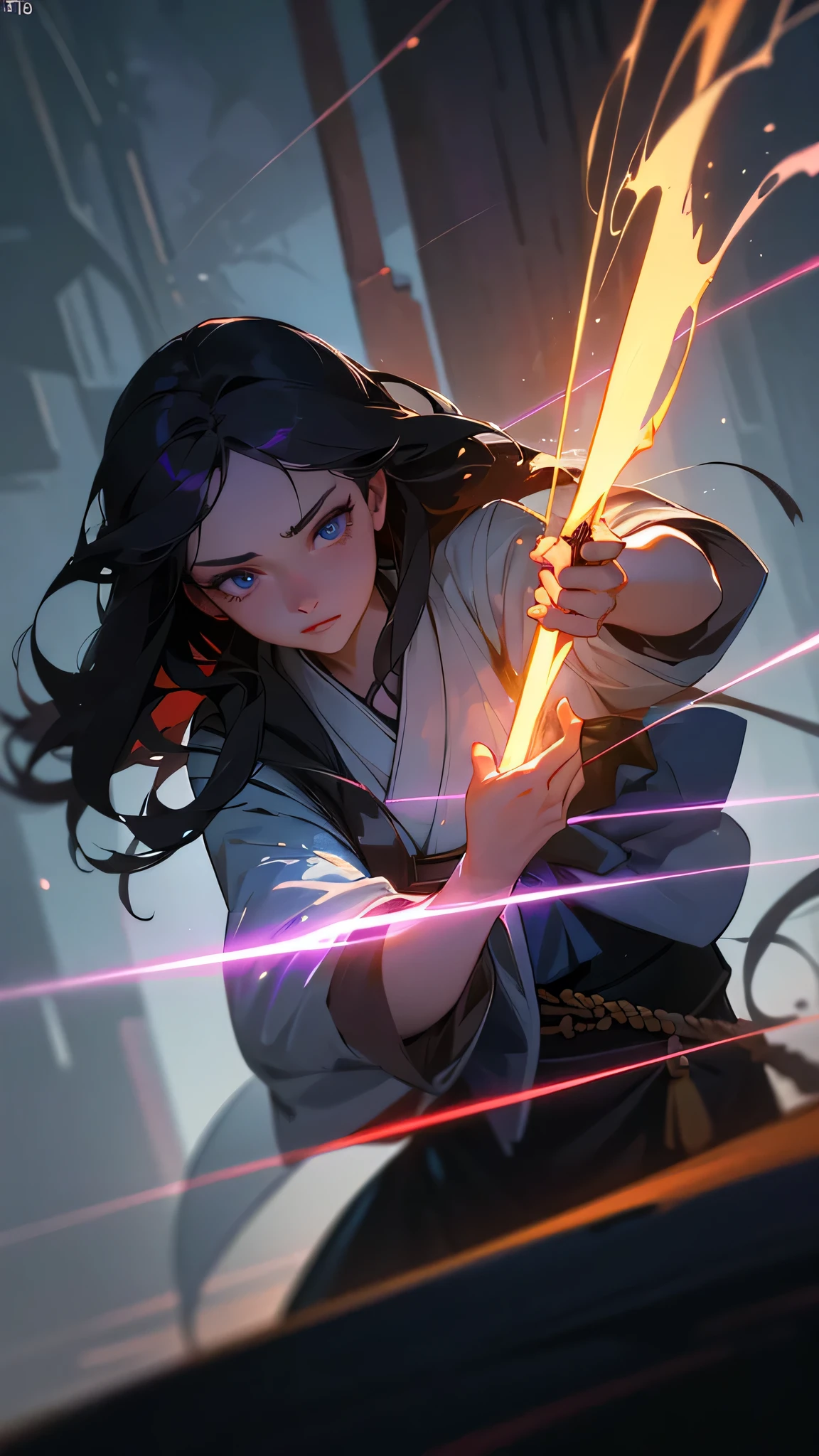 a beautiful young woman, 18 years old, long dark hair, striking bright blue eyes, serious expression, wearing traditional japanese clothing, manipulating purple lightning bolts, summoning thunderstorms, wielding powerful magic, dramatic lighting, dark atmosphere, (best quality,4k,8k,highres,masterpiece:1.2),ultra-detailed,(realistic,photorealistic,photo-realistic:1.37),HDR,UHD,studio lighting,ultra-fine painting,sharp focus,physically-based rendering,extreme detail description,professional,vivid colors,bokeh,dark fantasy,concept art