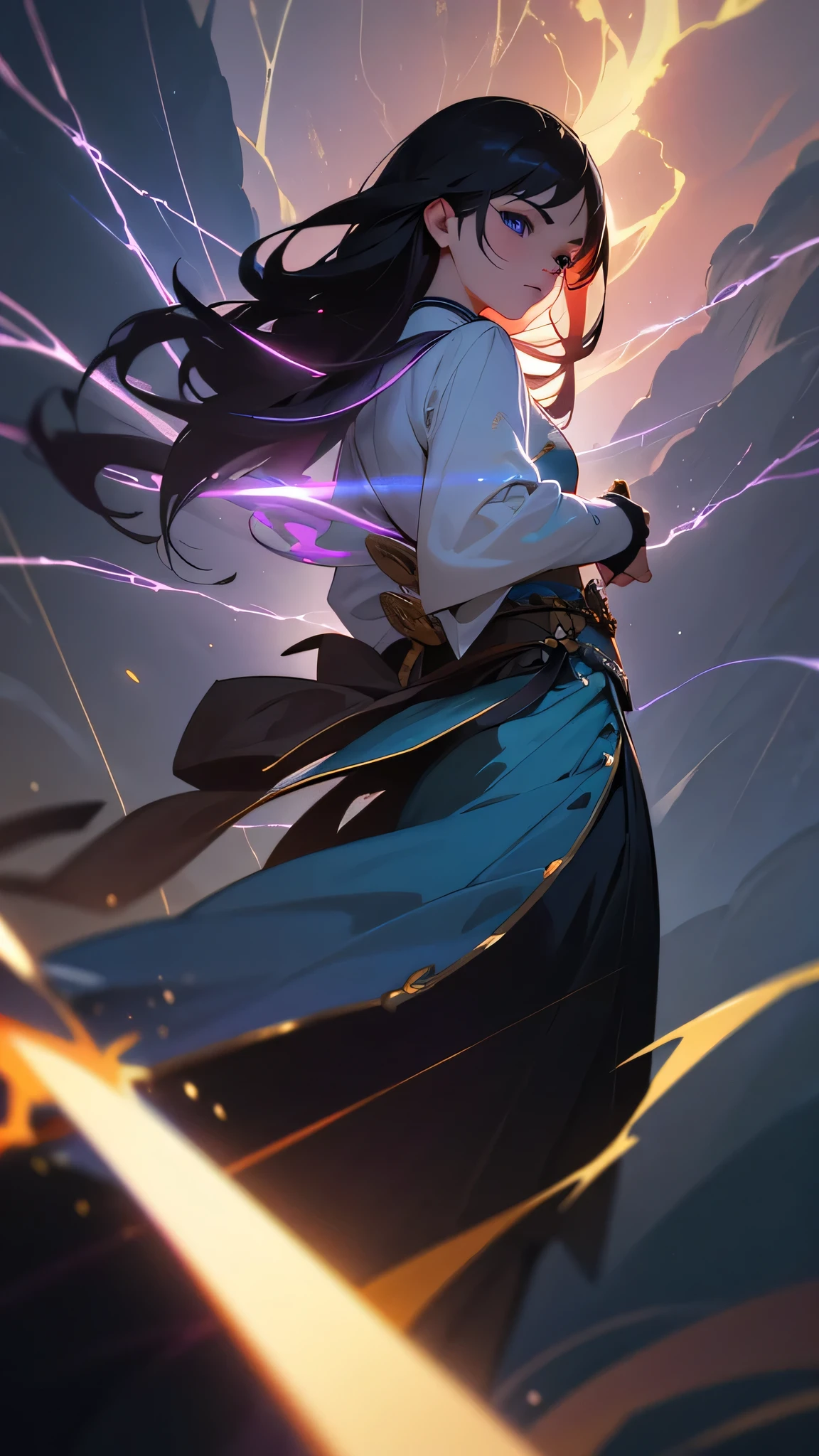 a beautiful young woman, 18 years old, long dark hair, striking bright blue eyes, serious expression, wearing traditional japanese clothing, manipulating purple lightning bolts, summoning thunderstorms, wielding powerful magic, dramatic lighting, dark atmosphere, (best quality,4k,8k,highres,masterpiece:1.2),ultra-detailed,(realistic,photorealistic,photo-realistic:1.37),HDR,UHD,studio lighting,ultra-fine painting,sharp focus,physically-based rendering,extreme detail description,professional,vivid colors,bokeh,dark fantasy,concept art