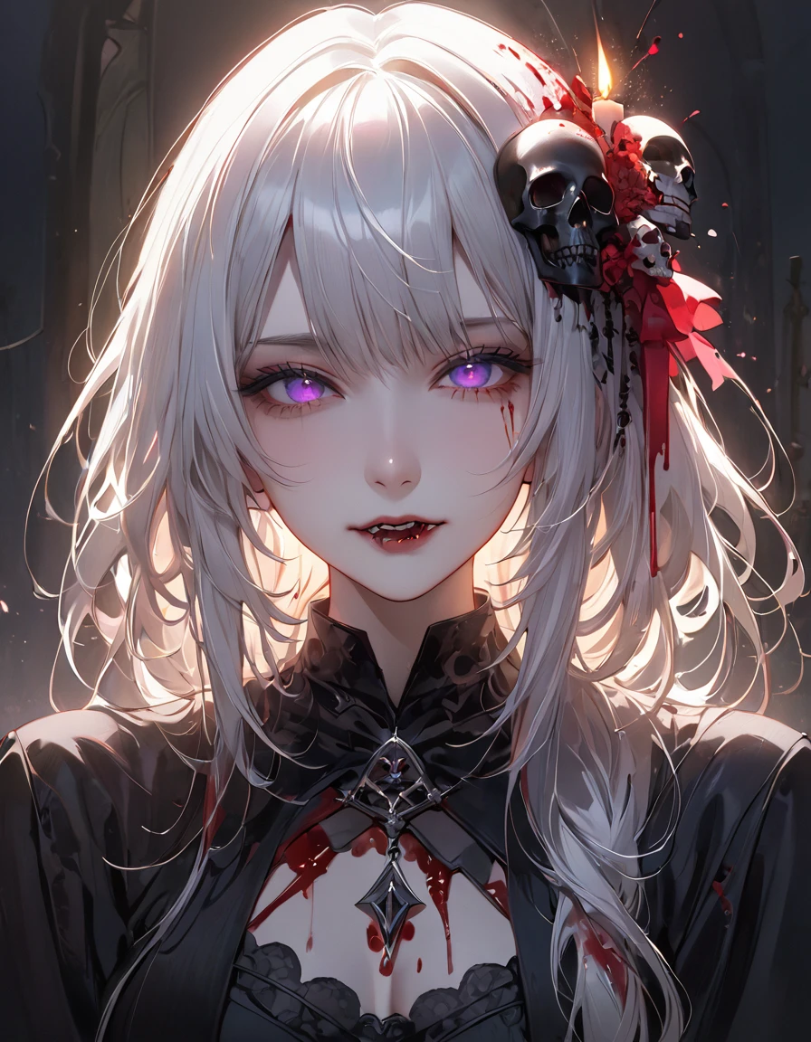 (masterpiece,Highest quality), solo,A white-haired woman is holding a candle,Anime Skull Woman Portrait,Beautiful Necromancer girl,Beautiful girl necromancer,,Smokey, Flowing white hair,Critical Eyes,Pale skin,Black eyeshadow,Black blood and tears,Two fangs exposed,Gothic Girl Anime Characters,Beautiful Necromancer,gothic fantasy art,Dark fantasy art, White-haired God,Retrato de um Female Necromancer,Female Necromancer,Goddess of Death,Dark atmosphere lighting,The light shines,Mysteriouagic,Edge Light, (Blood splatter:1.5)