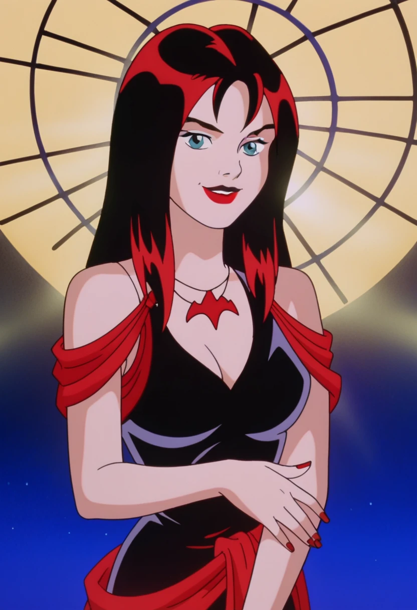 score_9, score_8_up, score_7_up, zPDXL, Thornhex, black hair, red highlights , SD90style, retro artstyle, source_cartoon, 2D, 1girl, red nails, blue eyes, red lips, black dress, long hair, looking at viewer, breasts, lipstick, makeup, full body, smile 