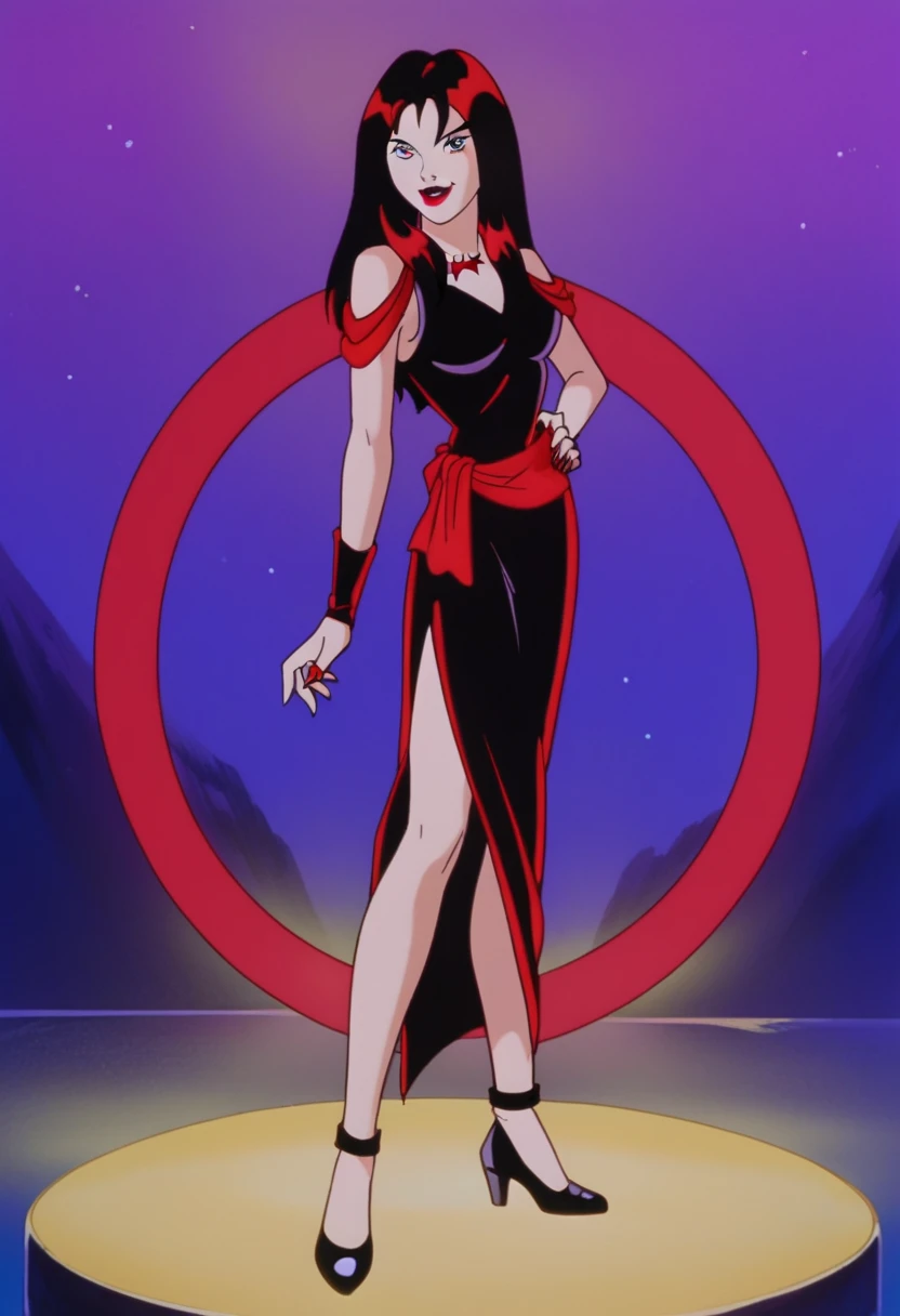 score_9, score_8_up, score_7_up, zPDXL, Thornhex, black hair, red highlights , SD90style, retro artstyle, source_cartoon, 2D, 1girl, red nails, blue eyes, red lips, black dress, long hair, looking at viewer, breasts, lipstick, makeup, full body, smile 