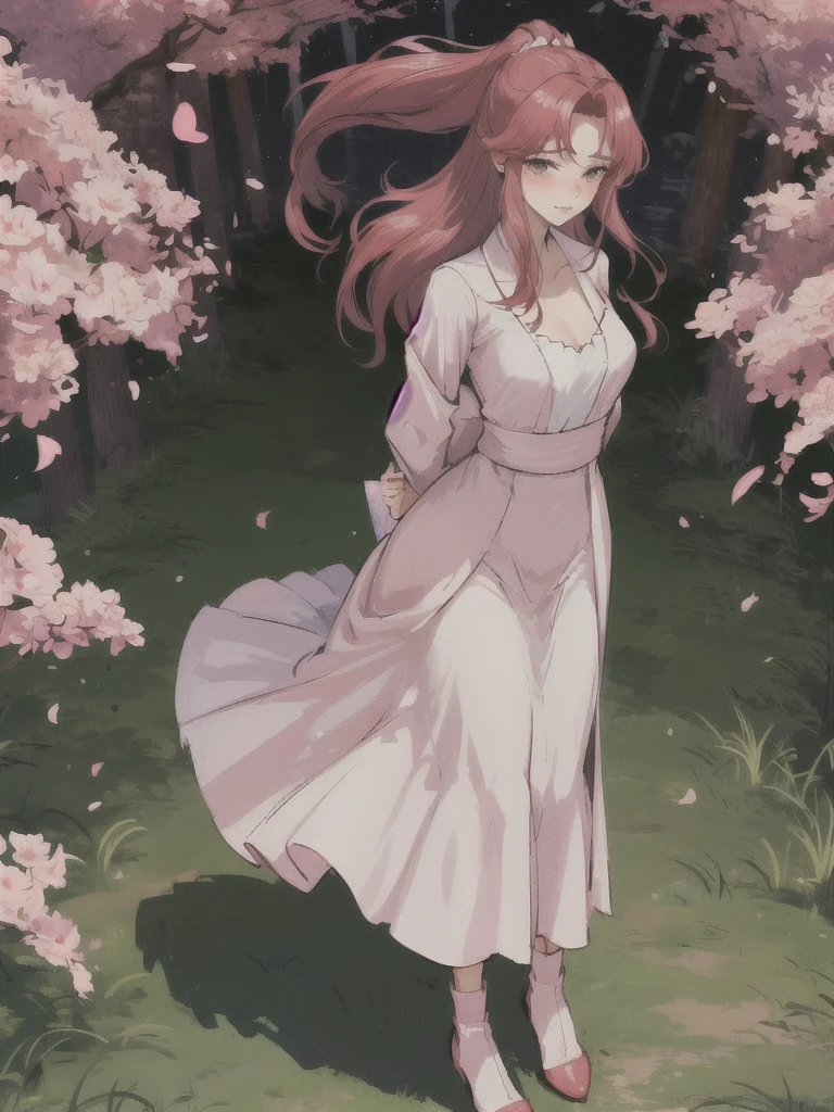 A girl ，Light pink cherry blossom dress，High Ponytail，Big red hair，Bright red hair，big eyes，Blush on face，Slight blush on the face，Shy expression，Hands behind your back，little cherry mouth，Full body shot，Stand among the flowers，There are many trees around, and the plump breasts are tightly wrapped