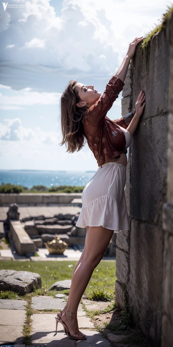 Belle jeune femme aux cheveux blancs tombant en cascade jusqu&#39;aux épaules, debout de toute sa hauteur, vêtue d&#39;une robe fluide que le vent soulève sur fond de monde fantastique. ses jambes, enfermé dans des bas blancs, Ils sont forts et élégants alors qu&#39;elle se tient en équilibre sur une paire de talons élégants., contemplant la vue imprenable devant elle. La scène est riche en détails., capturant chaque fibre délicate de sa robe et chaque ligne complexe de ses talons, avec le soleil projetant une lueur dorée dessus et les montagnes enveloppées de doux, Lumière éthérée. Cette haute définition, L&#39;image 8K a été prise avec un Canon EOS R6 avec un objectif 1