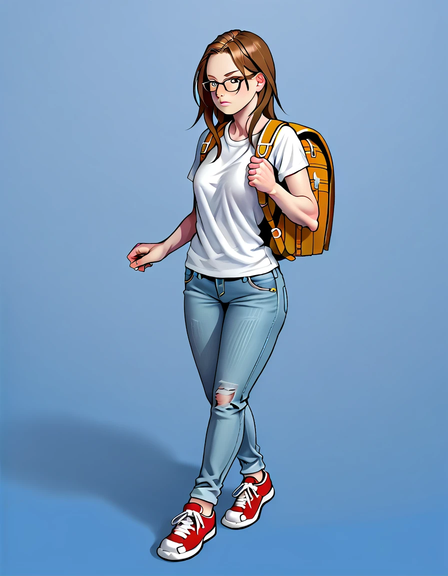 (zPDXL2), score_9_up, painterly, faux traditional media, realistic, close-up portrait, BREAK
1girl, solo, (Chestnut, shoulder-length hair), brown eyes, (slender body), Light with a slight blush on her cheeks, action pose, (wearing Jeans and t-shirt, sneakers, thin-framed glasses, Small tourists backpack), simple background, BREAK
AissistXLv2, unaestheticXL_bp5, SimplePositiveXLv2, zPDXL2 PonyXLV6_Scores