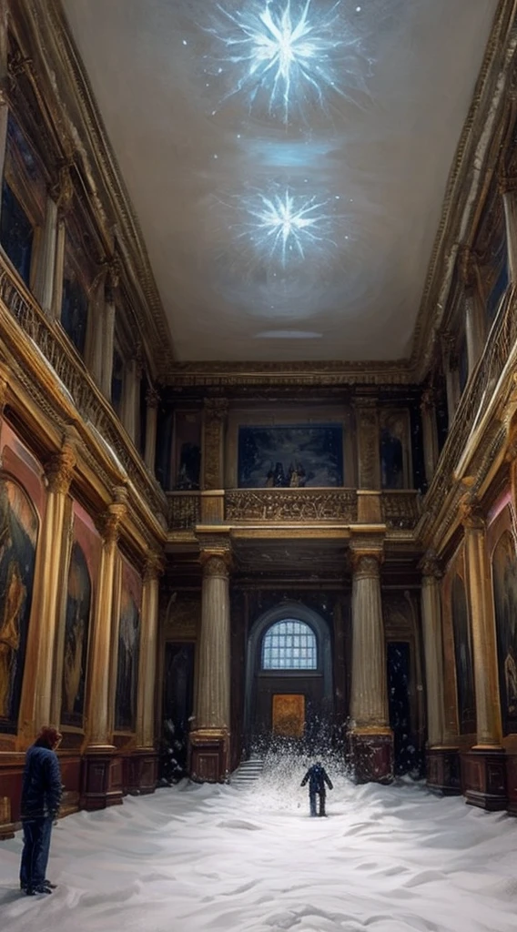 museum, the painting on the wall represents a blizzard, the hall in the museum is full, full of snow falling from the painting on the museum making a blizzard that is on the wall
