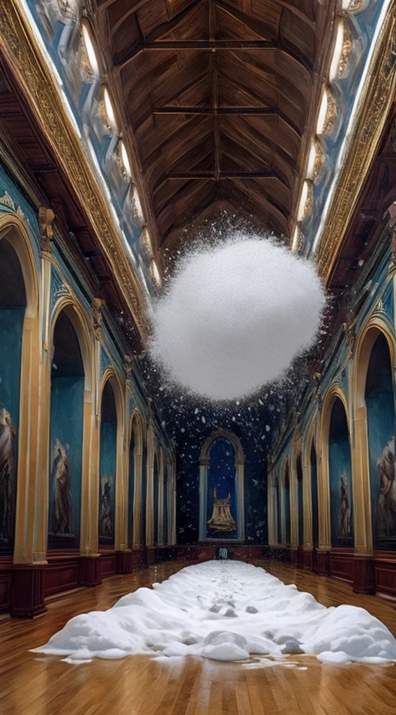 museum, the painting on the wall represents a blizzard, the hall in the museum is full, full of snow falling from the painting on the museum making a blizzard that is on the wall