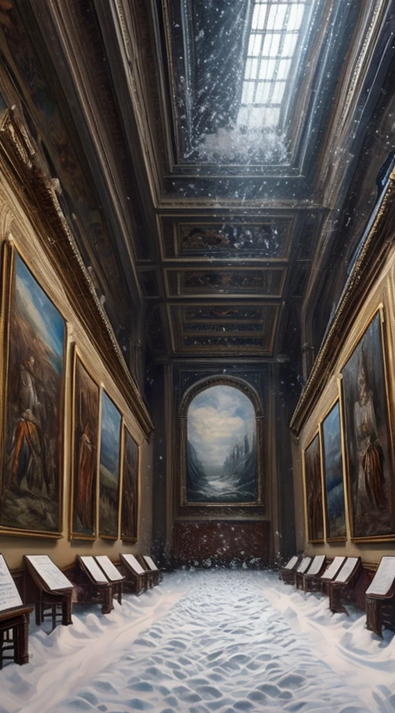 museum, the painting on the wall represents a blizzard, the hall in the museum is full, full of snow falling from the painting on the museum making a blizzard that is on the wall