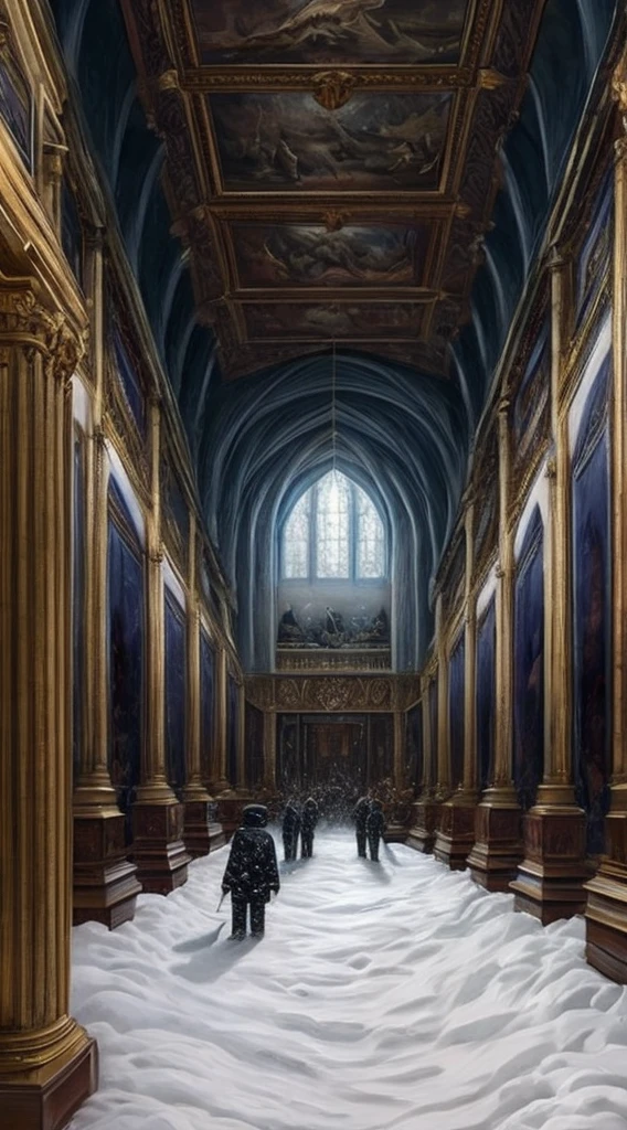 museum, the painting on the wall represents a blizzard, the hall in the museum is full, full of snow falling from the painting on the museum making a blizzard that is on the wall
