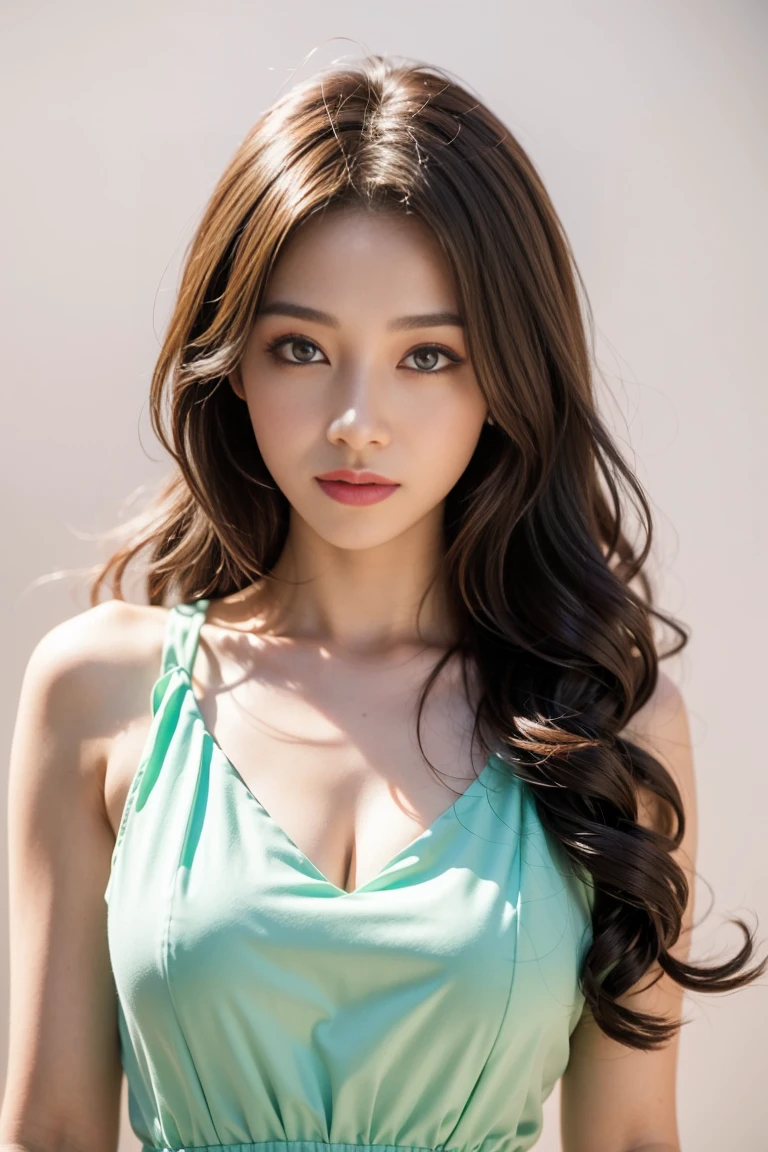 Wavy long hair, Brown Hair, One girl, Emerald Eyes, Shake with two fingers, Pink Lips, Pastel Green Dress,