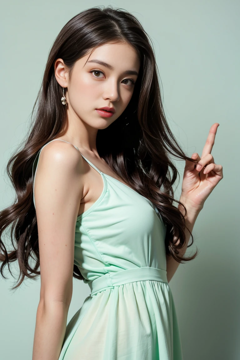 Wavy long hair, Brown Hair, One girl, Emerald Eyes, Shake with two fingers, Pink Lips, Pastel Green Dress,