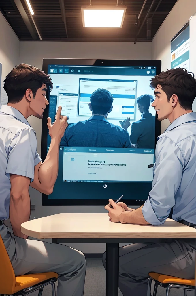(((Very Realistic))) Employees of a company in a meeting room discussing Corporate Social Responsibility: The relationship between socially responsible practices and business efficiency. Na tela do Monitor, coloque um gráfico com estatísticas positivas. crescente.