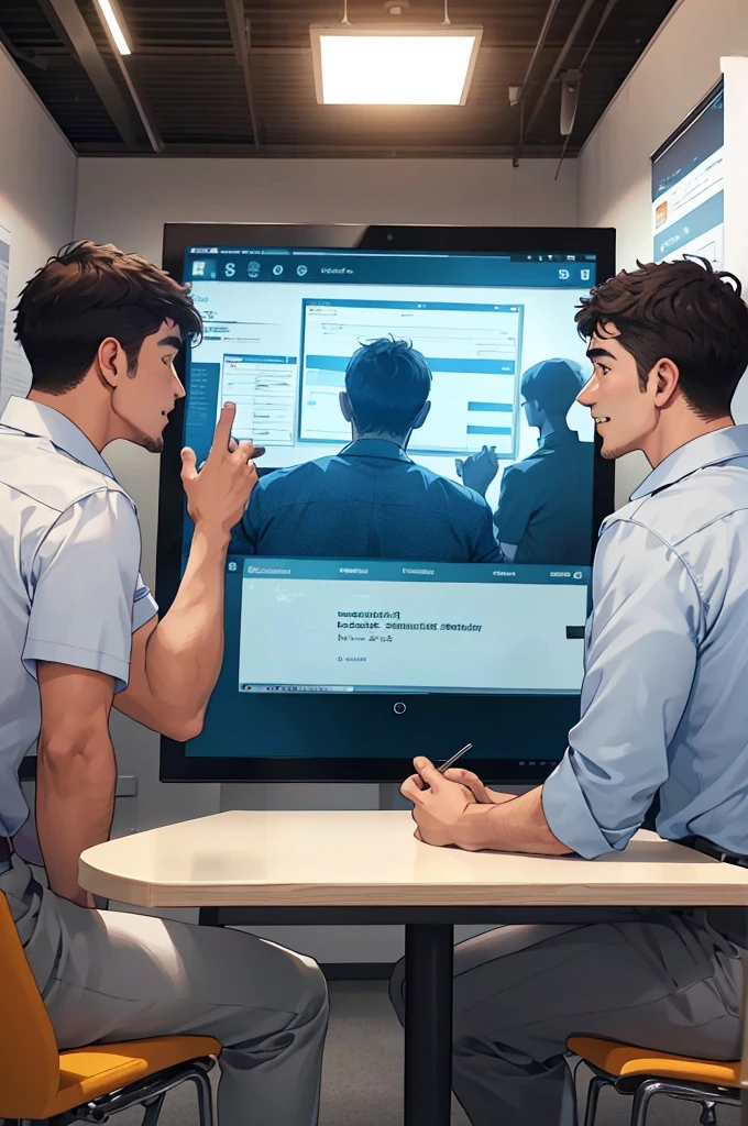 (((Very Realistic))) Employees of a company in a meeting room discussing Corporate Social Responsibility: The relationship between socially responsible practices and business efficiency. Na tela do Monitor, coloque um gráfico com estatísticas positivas. crescente.