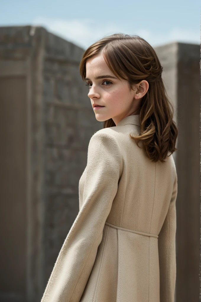 from the bottom, Emma Watson in the role of d&#39;Hermione Granger in her Gryffindor uniform, sitting on an armchair, mains posées sur les accoudoirs, Les jambes écartées, sexly, 