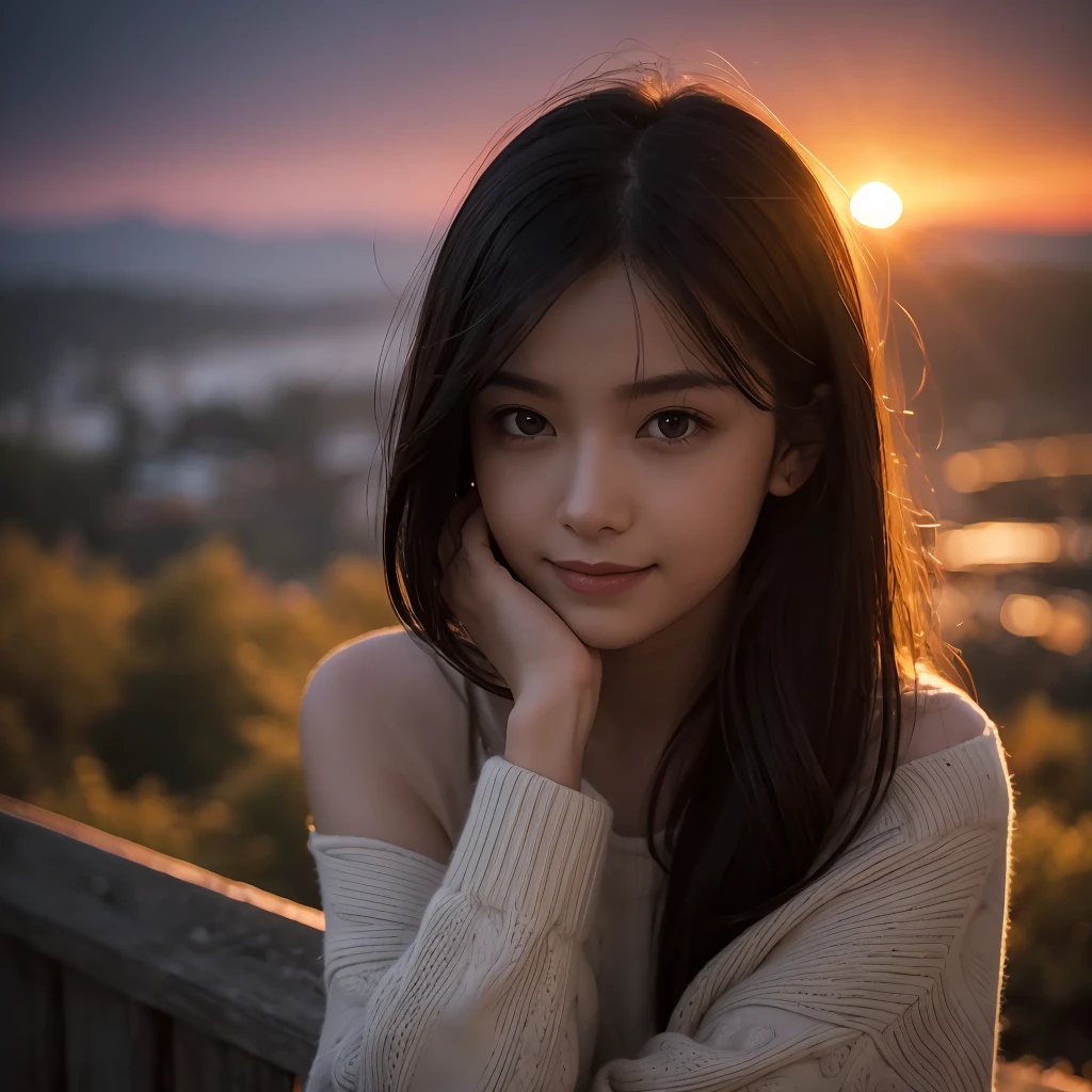 (Dark Scene, Soft lighting, High saturation):1.4, Vivid lighting, Enchanting elegance, Atmospheric Depth, Great technology, Naturalistic representation, Harmonious composition, Creative refinement, Striking contrast,
(One Girl, Young Beauty), Sitting, smile, View your audience, From above, Sharp focus, Extra Large_sweater, shoulder,
((sunset)),Volumetric Fog, Outdoor, Backlight