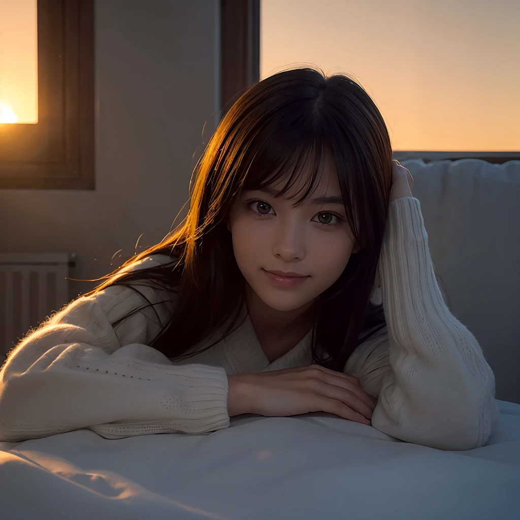 (Dark Scene, Soft lighting, High saturation):1.4, Vivid lighting, Enchanting elegance, Atmospheric Depth, Great technology, Naturalistic representation, Harmonious composition, Creative refinement, Striking contrast,
(One Girl, Young Beauty), Sitting, smile, View your audience, From above, Sharp focus, Extra Large_sweater,  shoulder,
((sunset)),Volumetric Fog, Outdoor, Backlight