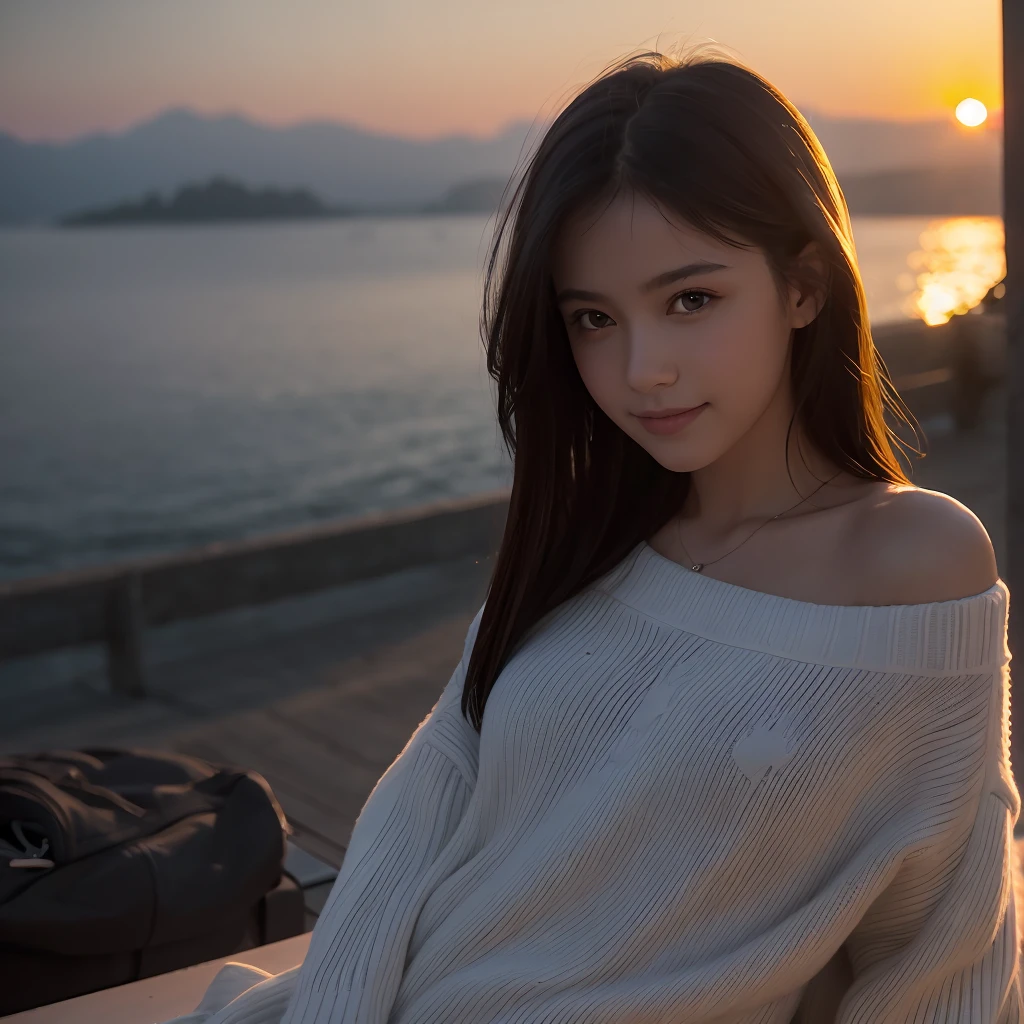 (Dark Scene, Soft lighting, High saturation):1.4, Vivid lighting, Enchanting elegance, Atmospheric Depth, Great technology, Naturalistic representation, Harmonious composition, Creative refinement, Striking contrast,
(One Girl, Young Beauty), Sitting, smile, View your audience, From above, Sharp focus, Extra Large_sweater, shoulder,
((sunset)),Volumetric Fog, Outdoor, Backlight