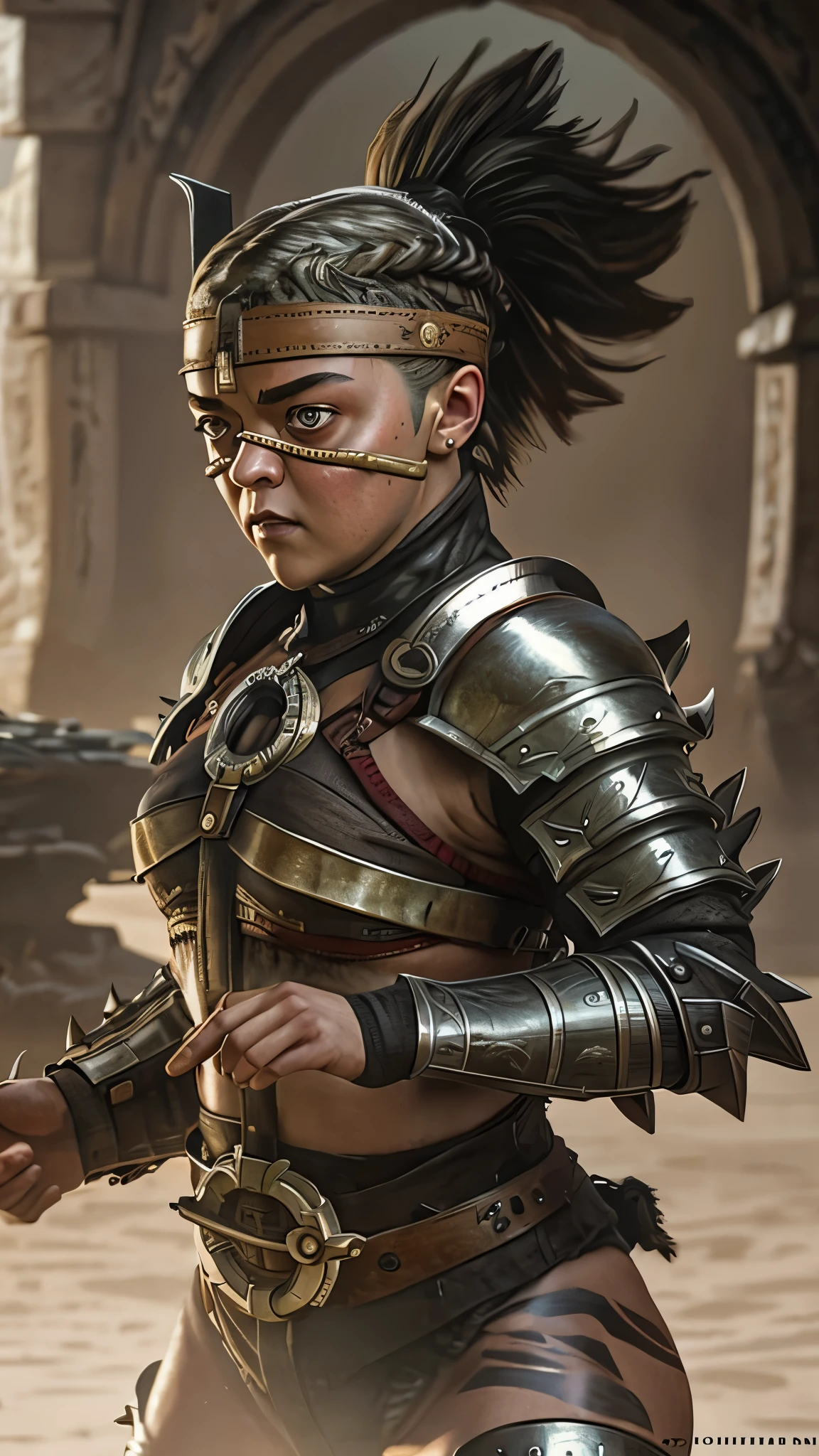 (Maisie Williams) as Ferra from Mortal Kombat, white hair, ponytail, brown eyes, armor, spikes, guantlets, armored boots, barefoot, metal headband, o-ring bikini, thigh tattoos, standing, forest, (insanely detailed, beautiful detailed face, masterpiece, best quality), cinematic lighting, 1woman, solo, full body view, front view, looking at viewer, intricate, high detail, sharp focus, dramatic, photorealistic painting art by greg rutkowski