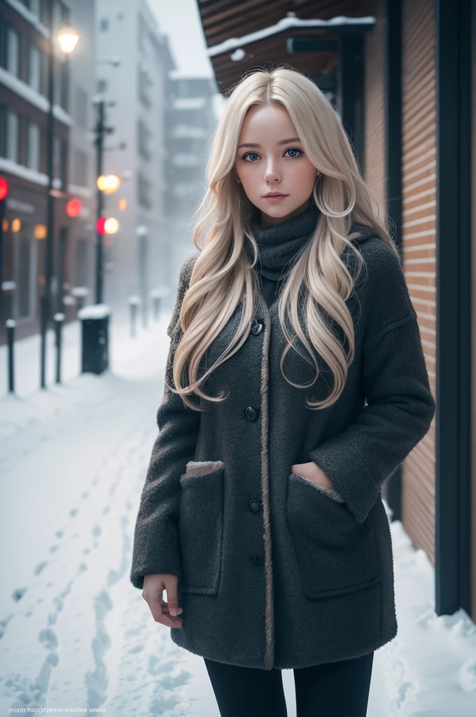 professional photography of a beautiful norwegian girl in winter clothes with long wavy blonde hair, sensual and seductive look, beautiful symmetrical face, beautiful natural makeup, wearing chic warm winter fashion clothing, ((standing outside on the snowy city street)), impressive modern urban environment, ultra realistic, conceptual artwork, chic, highy detailed, intricate, sharp focus, Depth of field, f/1. 8, 85 mm, medium shot, mid shot, (((professional color grading))), soft and bright diffused light, (Volumetric fog), Trends on Instagram, HD 4k, 8K