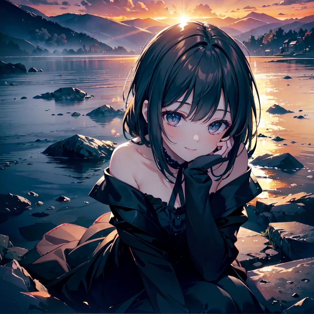 (Dark Scene, Soft lighting, High saturation):1.4, Vivid lighting, Enchanting elegance, Atmospheric Depth, Great technology, Naturalistic representation, Harmonious composition, Creative refinement, Striking contrast,
(One beautiful girl), Sitting, smile, View your audience, From above, Sharp focus,  shoulder,
((sunset)),Volumetric Fog, Outdoor, Backlight
