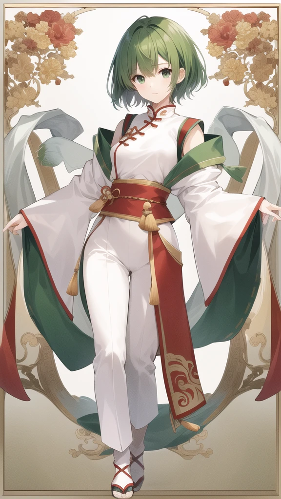 (Artwork, Highest quality, Facial details, Very redundant, Advanced Details, Highest quality, High resolution, 8K) frontを向いている、Green Hair、Her hair is short、small breast、upright stance、full body、Fighter、Uniform、Chinese Knight、Chinese style、White background、Simple Background、 exposure、China dress、pants、band、front、White clothes、Kung Fu、slender