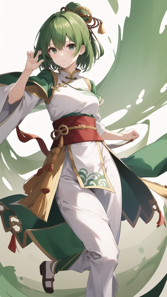 (Artwork, Highest quality, Facial details, Very redundant, Advanced Details, Highest quality, High resolution, 8K) frontを向いている、Green Hair、Her hair is short、small breast、upright stance、full body、Fighter、Uniform、Chinese Knight、Chinese style、White background、Simple Background、 exposure、China dress、pants、band、front、White clothes、Kung Fu、slender
