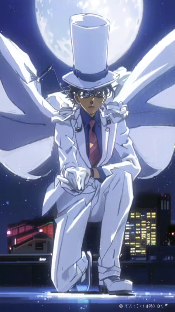 Highest quality、Highest quality、Realistically drawn detailed pictures、With wings and a top hat、Anime characters holding roses, In a flowing white tailcoat, Shinji, shinichi sakamoto, Dynamic Leadership Style, safebooru anime images, White Fox Anime, leiji matsumoto, what are you doing？, 80s anime has this style, 1990s anime, 1990s anime