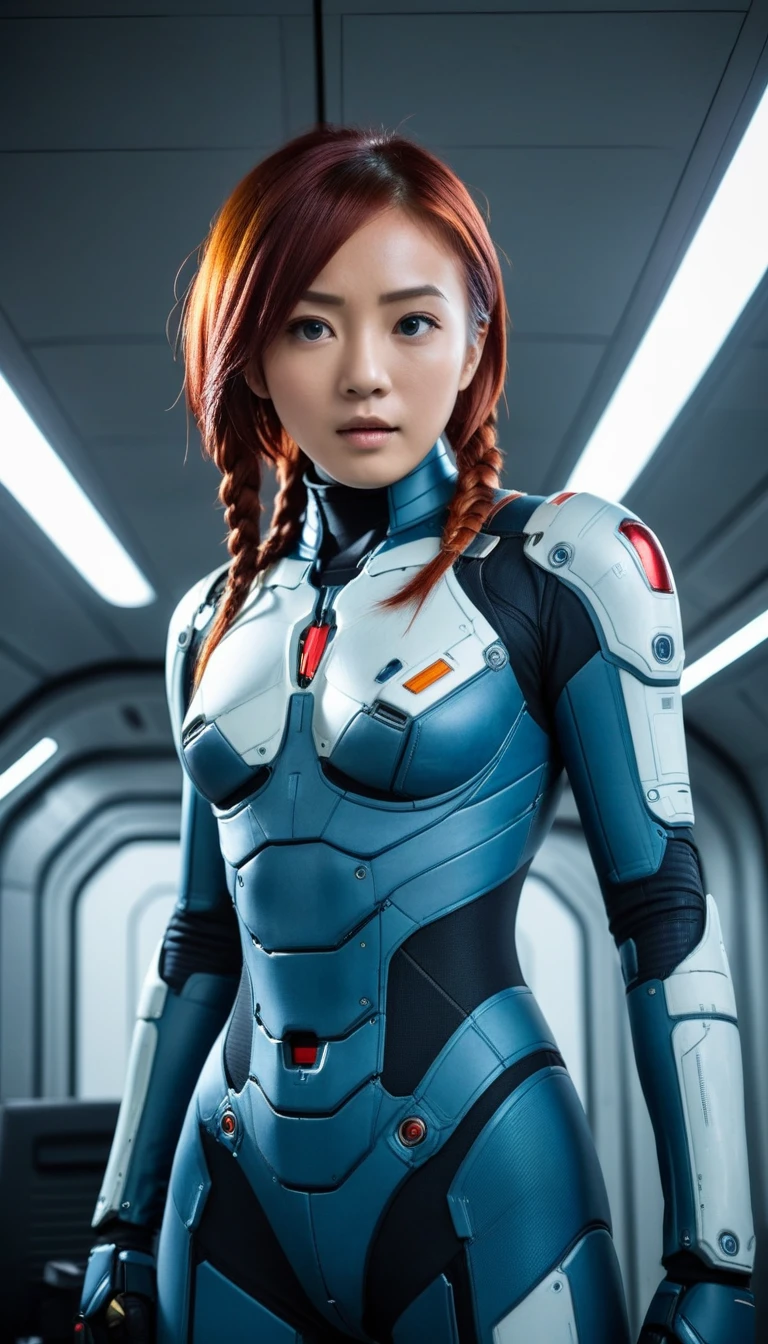 1 Girl、Medium Bust、solo、red Hair、Braid、Mobile Race Suit、Shoulder Armor、ceiling、Wide Shot、Looking Ahead、zipup suit 、Closed Mouth、Highest quality、medium quality、22 years old、Mobile Trace System、cockpit、Asian、CyborgCosplay

