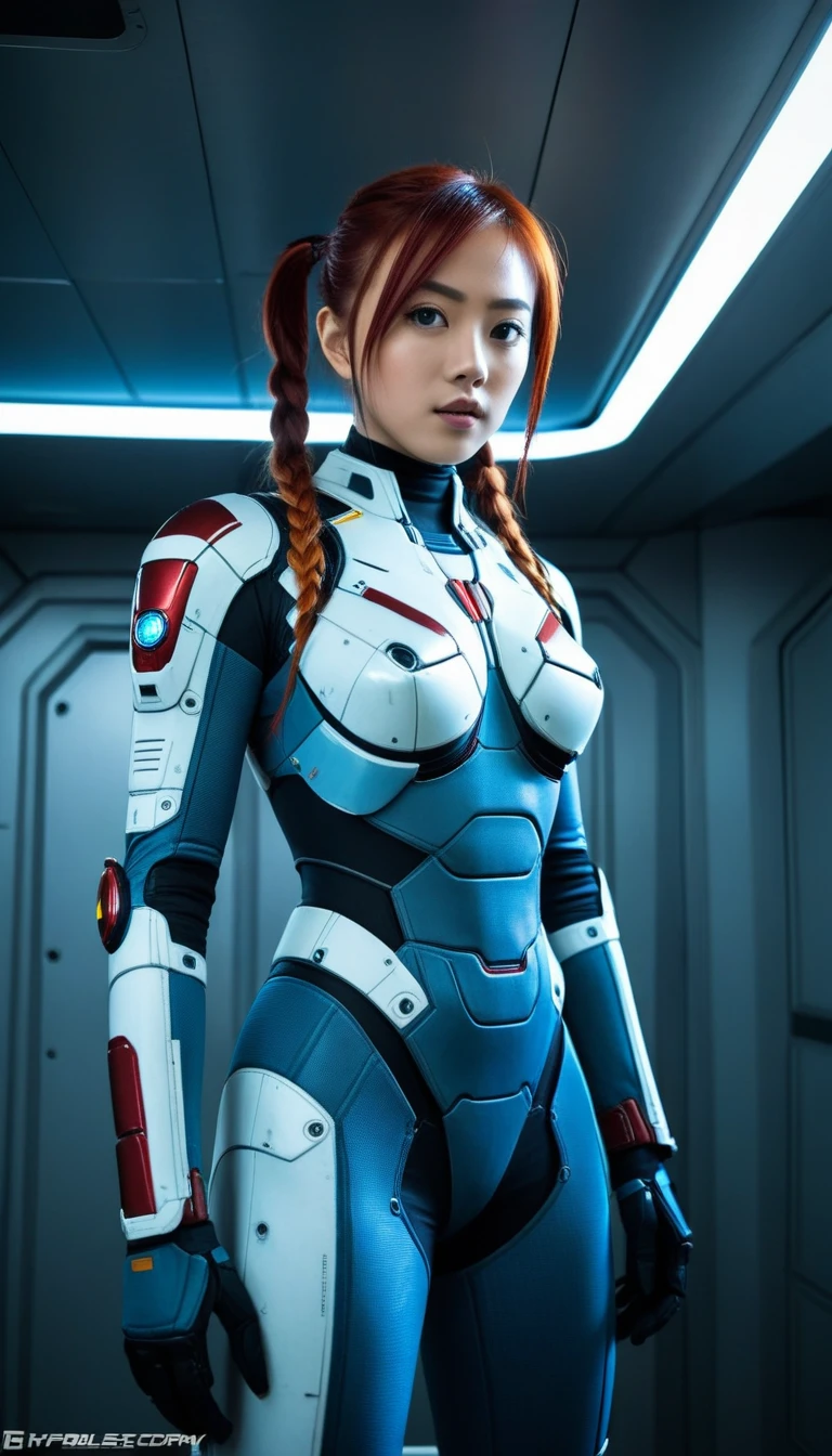 1 Girl、Medium Bust、solo、red Hair、Braid、Mobile Race Suit、Shoulder Armor、ceiling、Wide Shot、Looking Ahead、zipup suit 、Closed Mouth、Highest quality、medium quality、22 years old、Mobile Trace System、cockpit、Asian、CyborgCosplay

