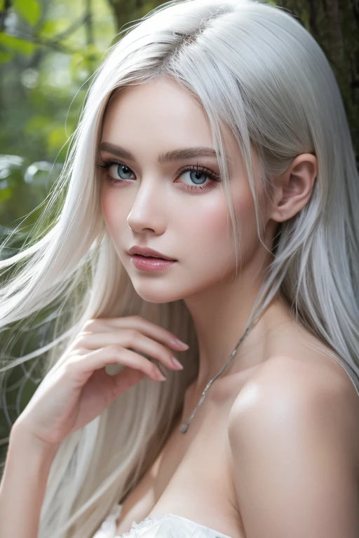 ((masterpiece,Highest quality)), 4K, High resolution, In the forest surrounded by white mist,One girl, alone, Age 25,(White Hair),Shortcuts,Highly detailed skin and facial textures:1.3, Ultra-detailed, Detailed hands and fingers, Detailed eyes, 