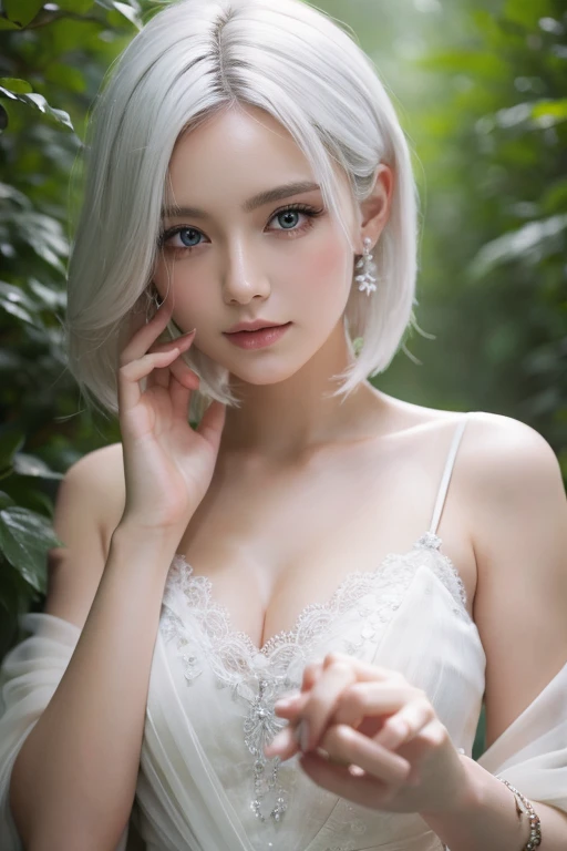 ((masterpiece,Highest quality)), 4K, High resolution, In the forest surrounded by white mist,One girl, alone, Age 25,(White Hair),Shortcuts,Highly detailed skin and facial textures:1.3, Ultra-detailed, Detailed hands and fingers, Detailed eyes, 