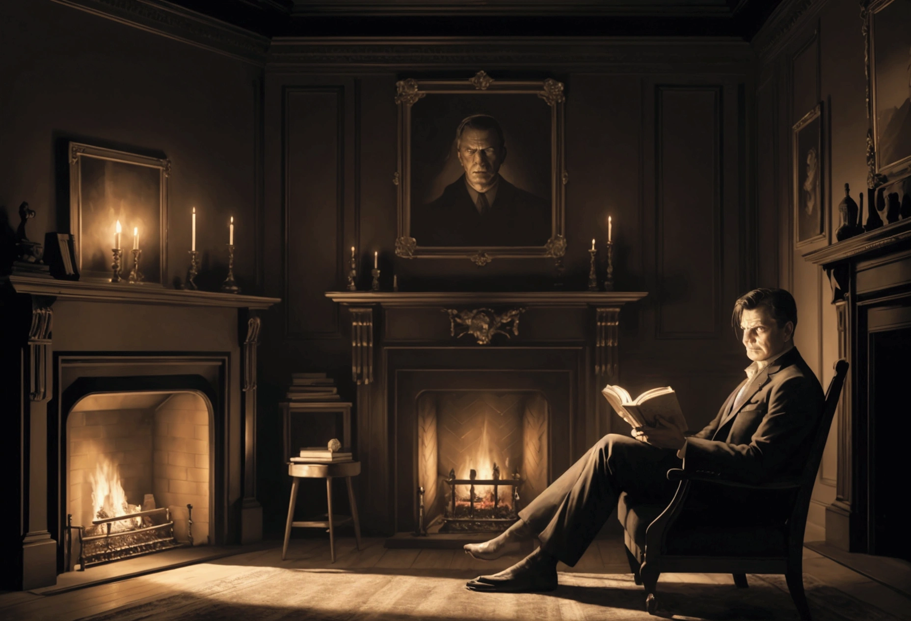 masterpiece, Best quality, official art, 8k wallpaper, Very detailed, 1 man, at home in the evening reading a book in front of the fireplace, Horror Stories, tense facial expression, human shadows are visible on the wall, who stretch their hands to a man behind his back, Cinematic effect, book illustration